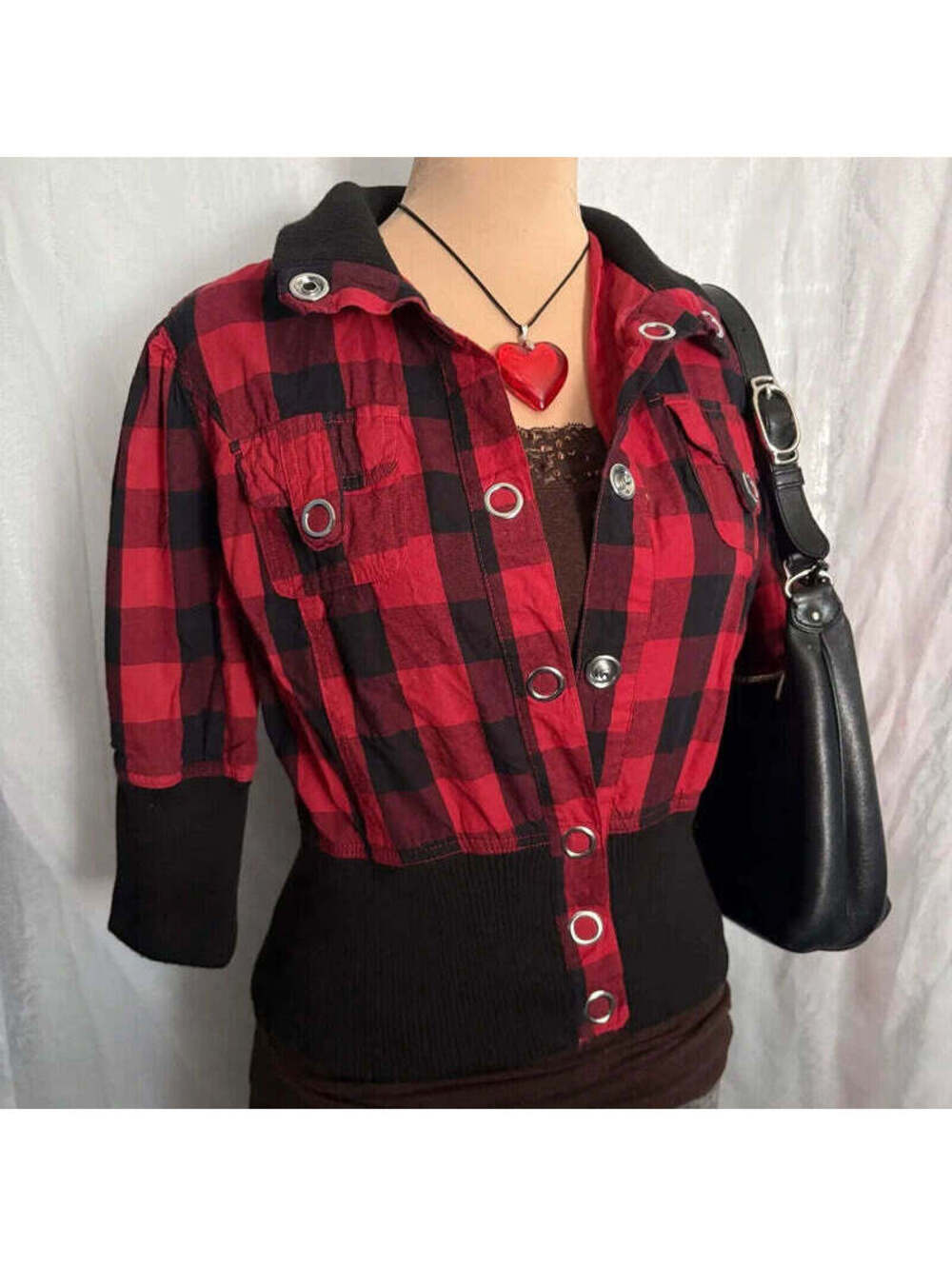 vintage 90s grunge black and red plaid fitted jacket